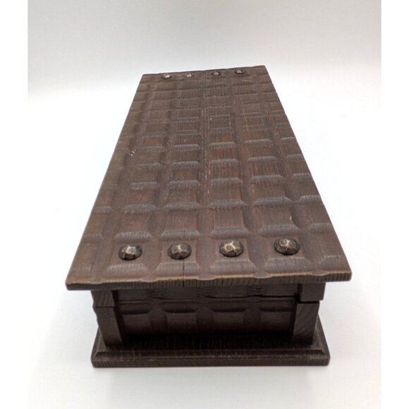 Apex VTG Wooden Rectangle Jewelry Box Gold Velvet Hinged Hammered Japan 12x5 - Picture 4 of 11